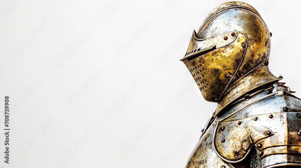 The image displays a close-up of an intricately designed medieval knight armor against a white background.