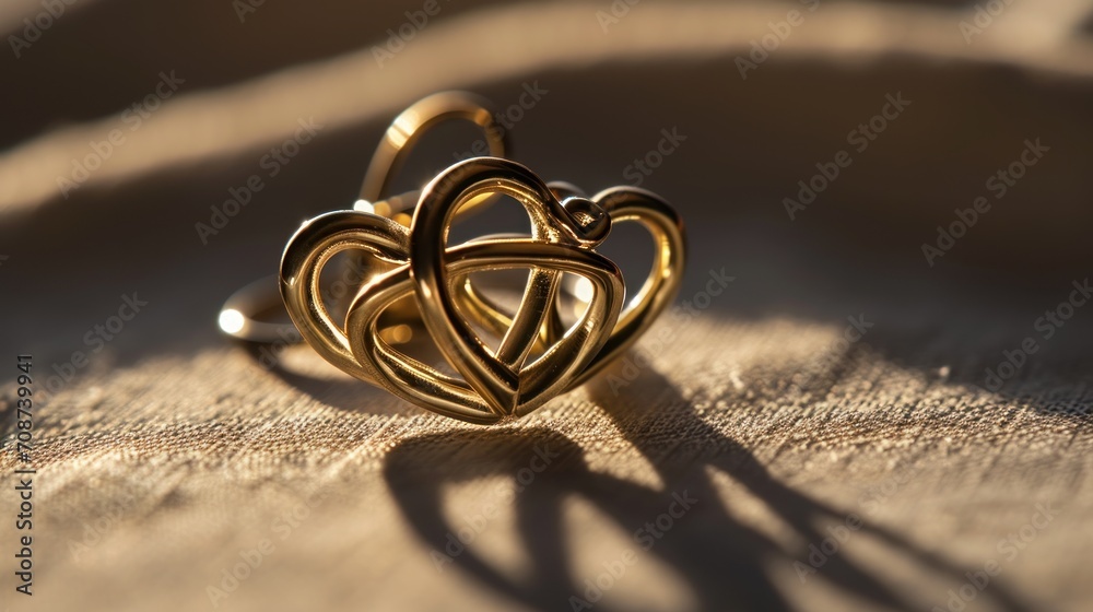  a gold ring sitting on top of a piece of cloth with a shadow of a heart in the middle of the ring and a shadow of a person's shadow. - obrazy, fototapety, plakaty 