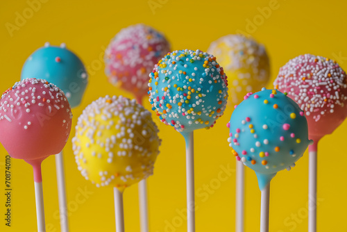 colorful lollipops. details with cake pops with selective focus. Close-up of ice cream against pink background. Cake pop - Various colors with color ball sprinkles. Delicious cake pops nicely decorate © Nataliia_Trushchenko