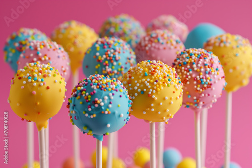 colorful lollipops. details with cake pops with selective focus. Close-up of ice cream against pink background. Cake pop - Various colors with color ball sprinkles. Delicious cake pops nicely decorate