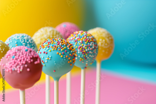 colorful lollipops. details with cake pops with selective focus. Close-up of ice cream against pink background. Cake pop - Various colors with color ball sprinkles. Delicious cake pops nicely decorate