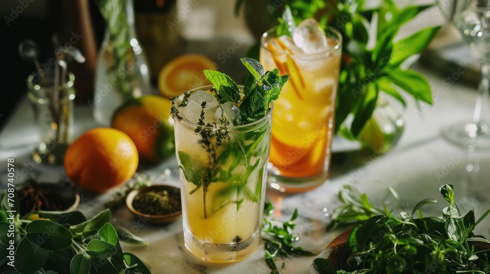 Fototapeta premium a table topped with two tall glasses filled with different types of drinks and garnished with herbs and oranges next to a couple of glasses filled with oranges.