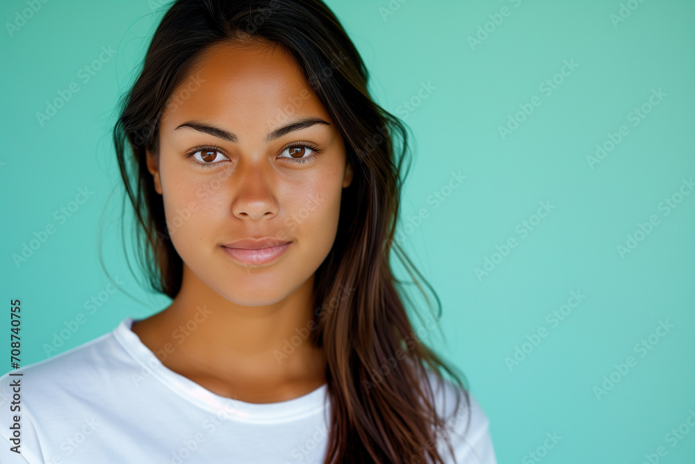 A confident young woman with long brown hair gazes confidently into the camera, posed against a vibrant teal backdrop that accentuates her natural beauty. A confident young woman with long brown hair gazes confidently into the camera, posed against a vibrant teal backdrop that accentuates her natural beauty.