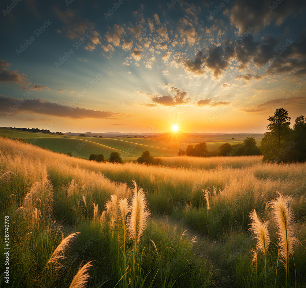 Beautiful natural panoramic countryside landscape. Blooming wild high grass in nature at sunset warm summer. Pastoral scenery. Selective focusing on foreground
