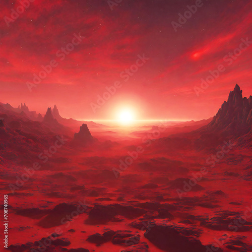 Sunrise over landscape around a red dwarf star © Stacy
