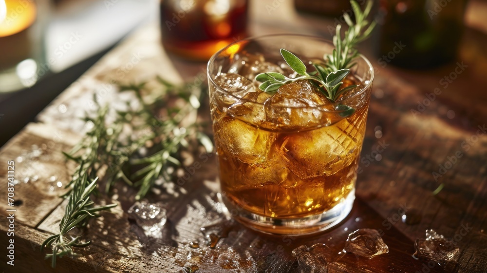 Fototapeta premium a glass filled with ice and a sprig of rosemary sitting on top of a wooden table next to a bottle of booze and a glass of booze.