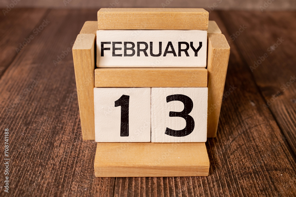 February 13th. Day 13 of month, calendar on designer workplace background. Winter time. Empty space for text February 13th. Day 13 of month, calendar on designer workplace background. Winter time. Empty space for text