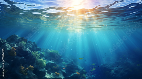 Ocean's Embrace Light Dancing on the Surface, Realistic Underwater Serenity, Photorealistic Marine Landscape © Misutra
