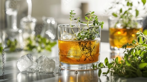  a glass of tea with a sprig of mint and ice cubes on a table next to a potted plant and a glass of ice cubes.