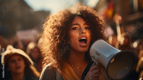 Young woman speaking through megaphone at protest © duyina1990