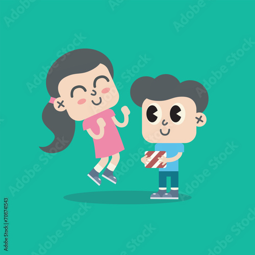 Friends vector illustration, gift for friend, situation, cartoon children, children rejoicing, rejoicing at the gift, jumping with happiness, emotions.