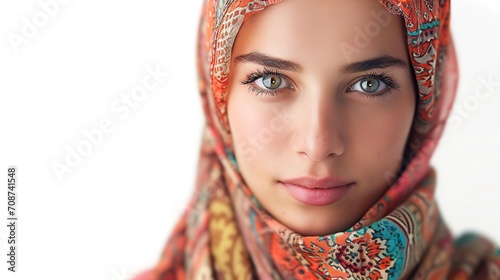 A woman with a striking gaze is wearing a vibrant, patterned headscarf with colors predominantly in orange and red hues against a bright white background.