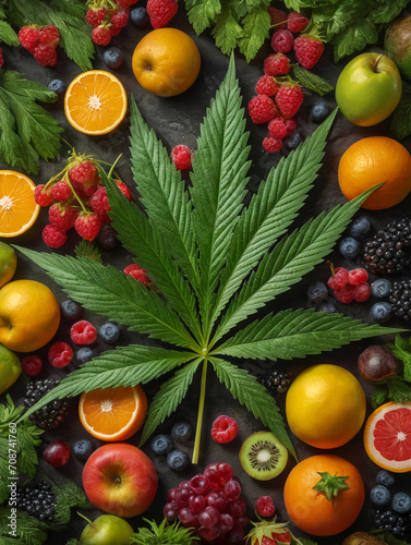 Marijuana cannabis leaf surrounded by fruits