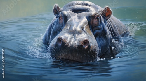  a close up of a hippopotamus in a body of water with it's head above the water's surface, with its eyes wide open.