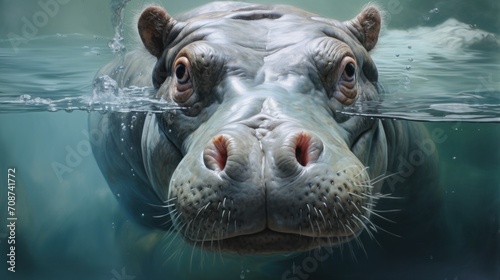  a close up of a hippopotamus in the water with it's head above the water's surface, with its eyes wide open wide open. photo