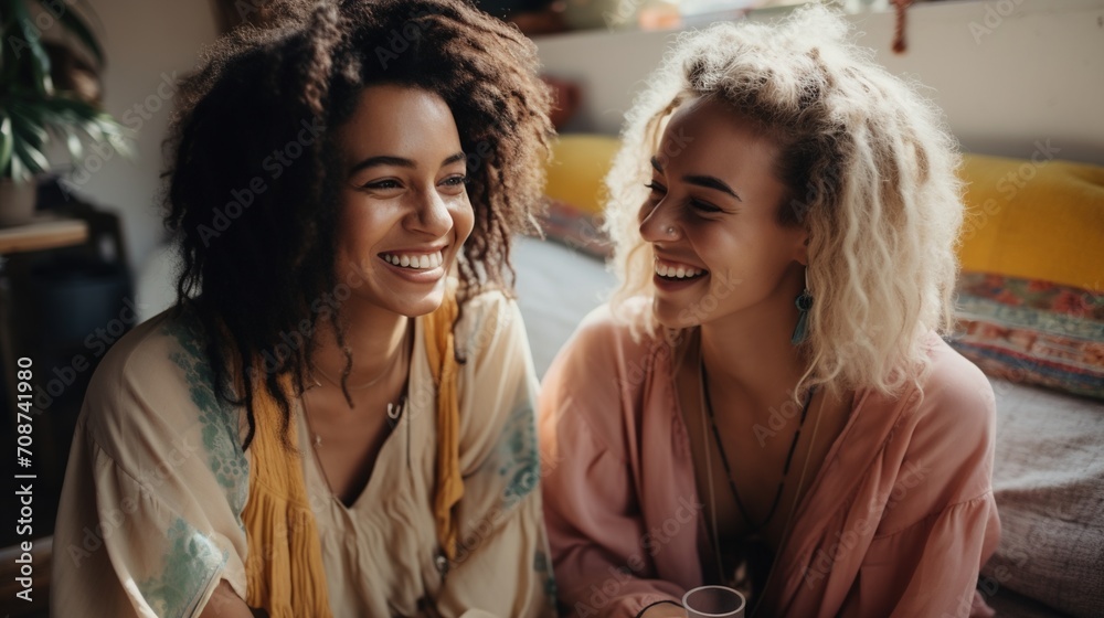 Two young women laughing together Two young women laughing together