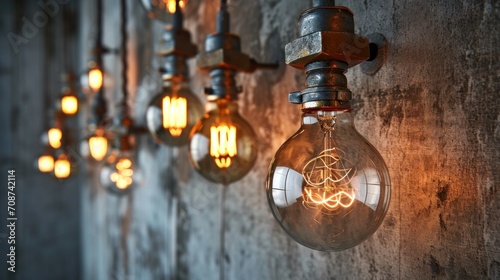  a bunch of light bulbs hanging from the side of a wall with a light bulb hanging from the side of the wall and a light bulb hanging from the side of the wall.