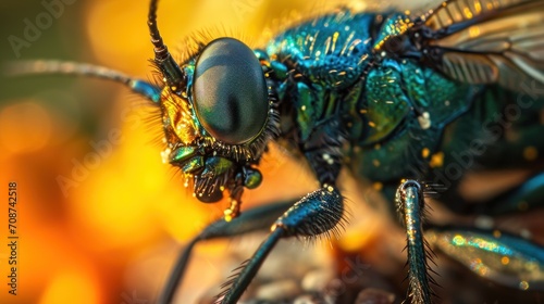  a close up of a fly with a lot of drops of water on it's face and wings, with a blurry background of orange and yellow flowers.