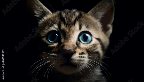Cute kitten staring, playful and curious, fluffy fur, blue eyes generated by AI