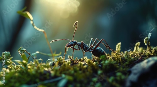  a close up of an ant ant on a mossy surface with sunlight shining through the leaves and the ant in the center of the ant's ant's legs.