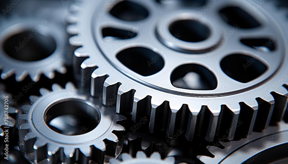 Interlocked metal gears spinning, symbolizing teamwork and innovation generated by AI