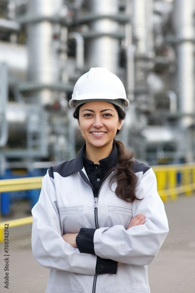 Portrait of a female chemical engineer wearing a hard hat and safety glasses at an industrial plant Portrait of a female chemical engineer wearing a hard hat and safety glasses at an industrial plant