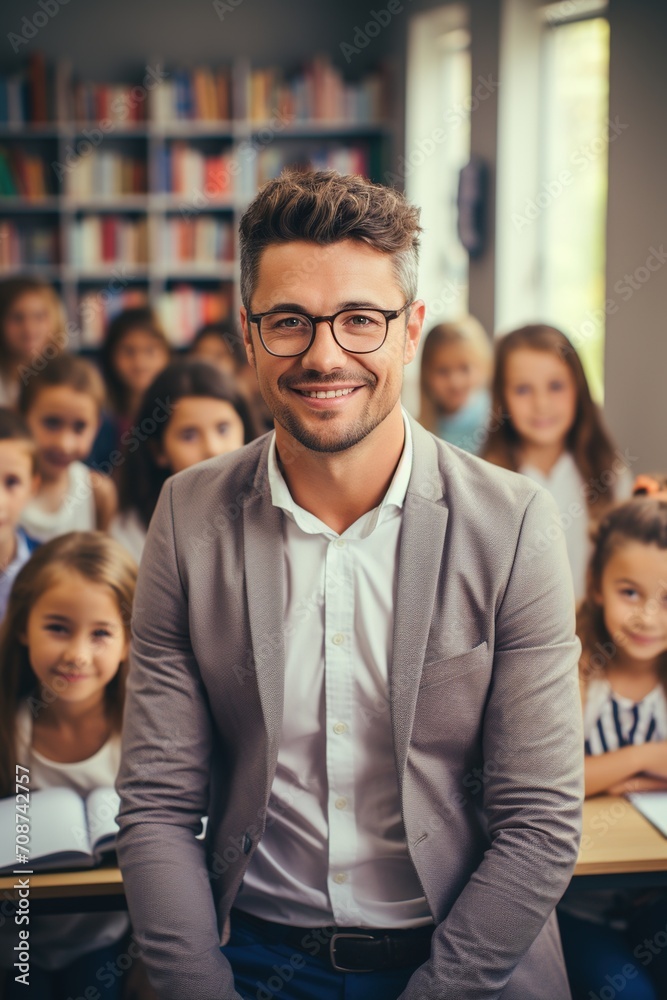 Male teacher with a group of elementary school students Male teacher with a group of elementary school students