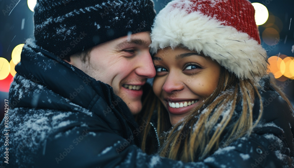 Smiling couple embraces in snowy winter wonderland generated by AI Smiling couple embraces in snowy winter wonderland generated by AI