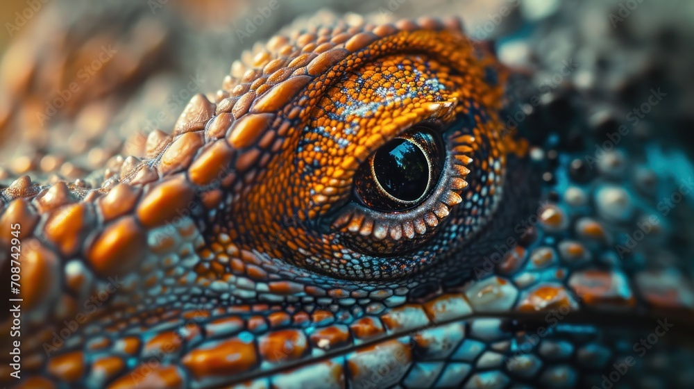 Fototapeta premium a close up of a lizard's eye with orange, blue, and green details on it's body and a black and white stripe around the eye.