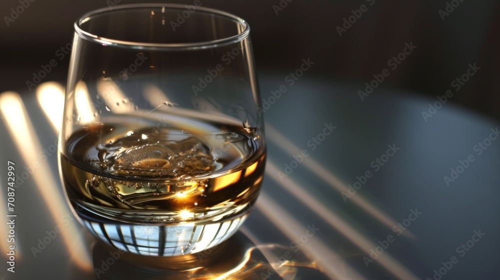 a glass of whiskey sitting on top of a table next to a light shining through the blinds of the sun shining through the blinds on the table top of the glass. a glass of whiskey sitting on top of a table next to a light shining through the blinds of the sun shining through the blinds on the table top of the glass.
