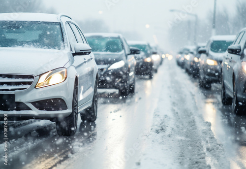 Snow covered car drives through traffic in winter generated by AI