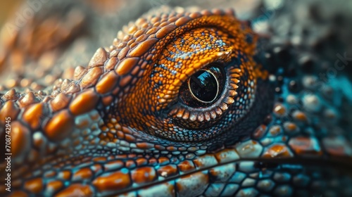  a close up of a lizard's eye with orange, blue, and green details on it's body and a black and white stripe around the eye.
