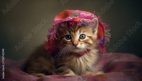 Cute kitten, playful and fluffy, sitting outdoors, looking at camera generated by AI