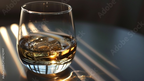  a glass of whiskey sitting on top of a table next to a light shining through the blinds of the sun shining through the blinds on the table top of the glass.