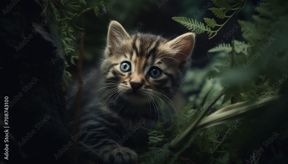 Cute kitten playing outdoors, staring with curiosity, fluffy fur generated by AI