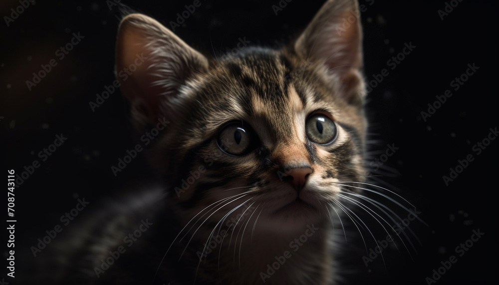 Cute kitten looking at camera, playful and fluffy with striped fur generated by AI