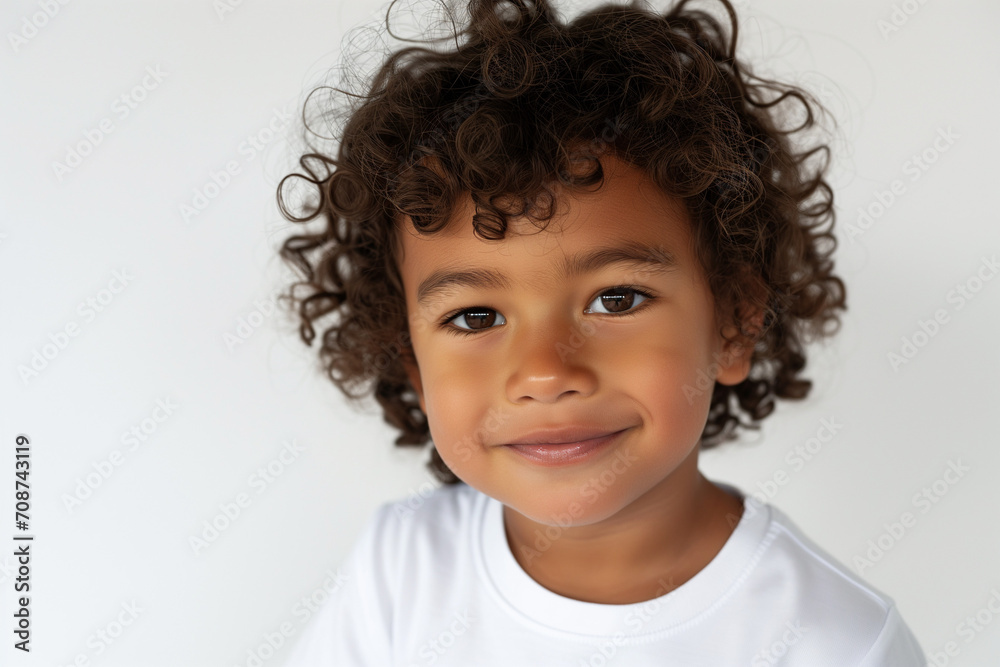 A cheerful young boy with curly hair wears a white t-shirt and smiles pleasantly while posing for a studio portrait against a plain background. A cheerful young boy with curly hair wears a white t-shirt and smiles pleasantly while posing for a studio portrait against a plain background.