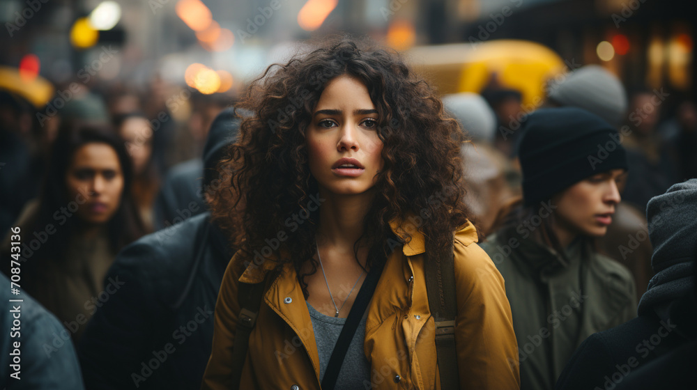 Portrait of sad woman in autumn clothes in crowd - obrazy, fototapety, plakaty 