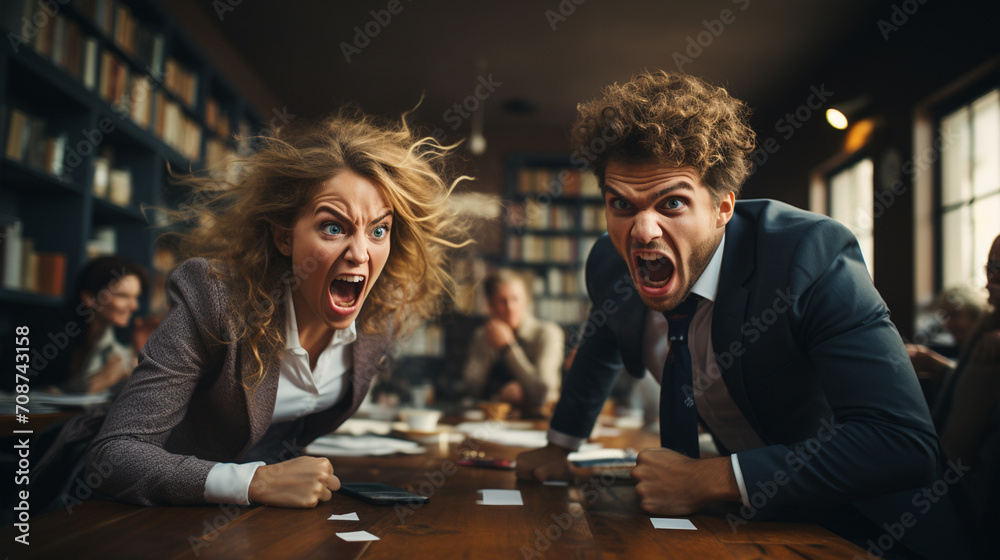 Business director woman and man angry yelling at their subordinates - obrazy, fototapety, plakaty 
