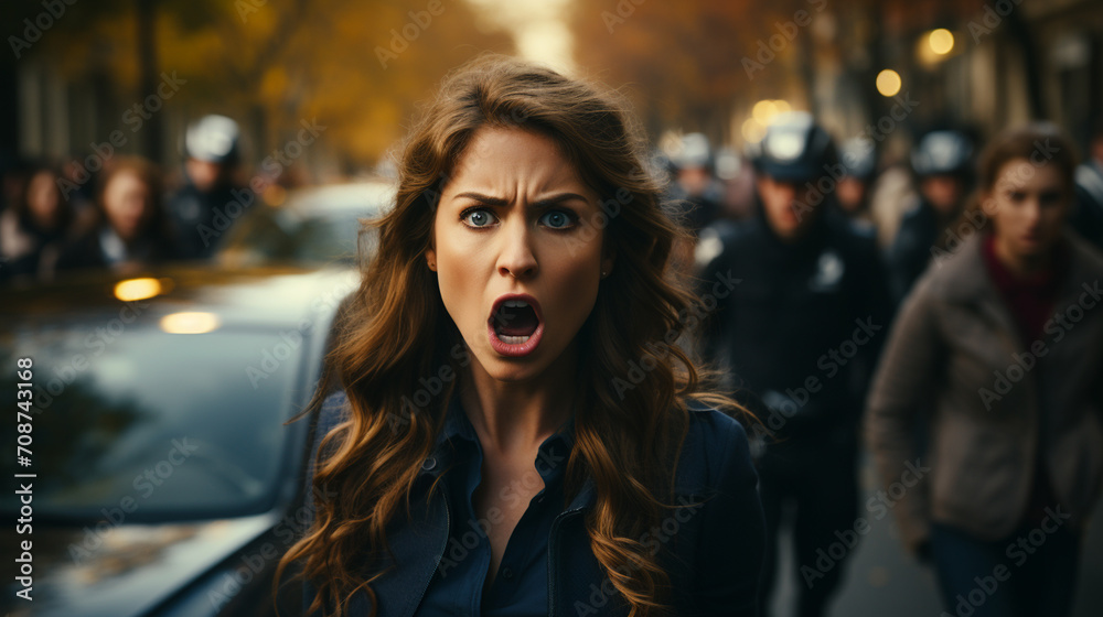 An angry woman stands in front of her car and shouts An angry woman stands in front of her car and shouts