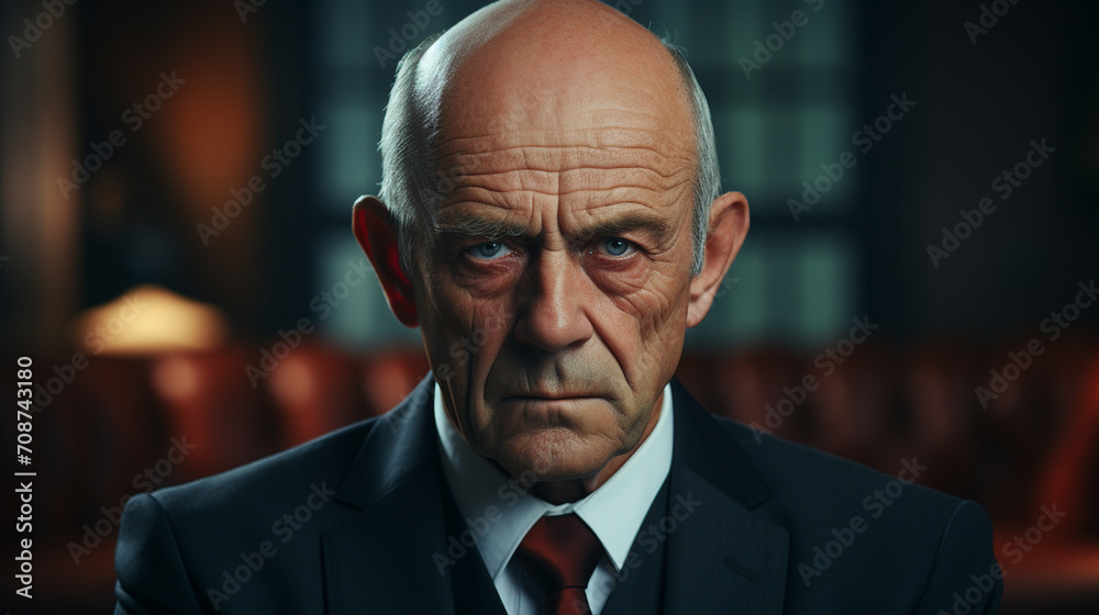 Portrait of an angry, serious-faced politician in his office - obrazy, fototapety, plakaty 