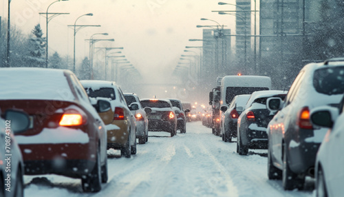 Driving in winter, slippery roads, city traffic generated by AI