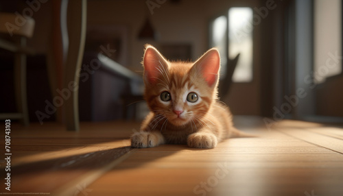 Cute kitten sitting, looking at camera, playful, fluffy, striped generated by AI