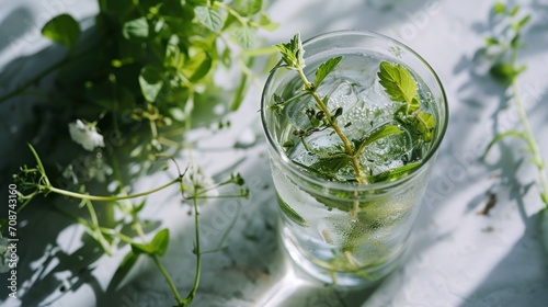  a glass of water with ice and a sprig of mint on a white surface with a shadow of a plant in the middle of the glass with water.
