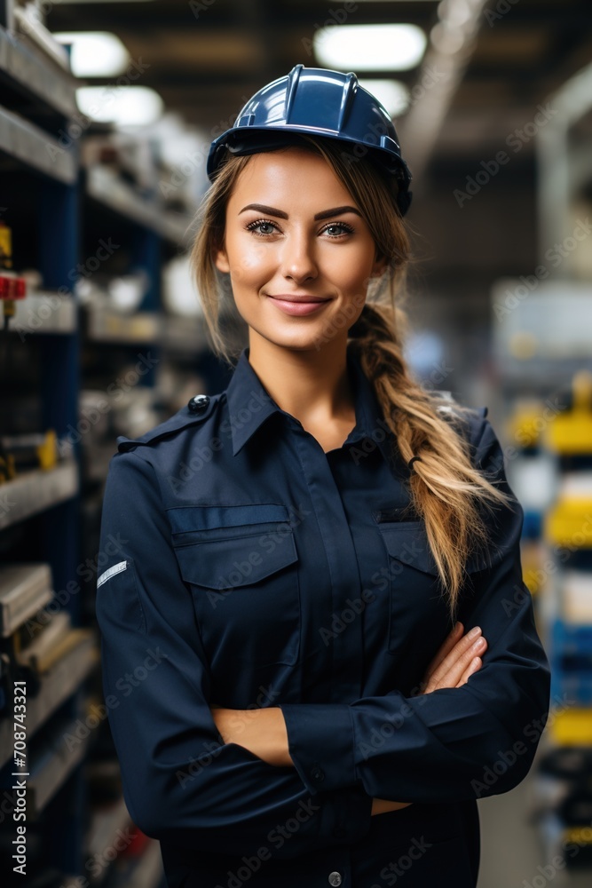 Portrait of a female engineer wearing a hard hat in a factory Portrait of a female engineer wearing a hard hat in a factory