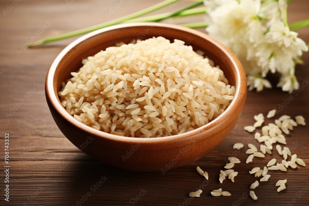 Brown rice in wooden bowl with flower Brown rice in wooden bowl with flower