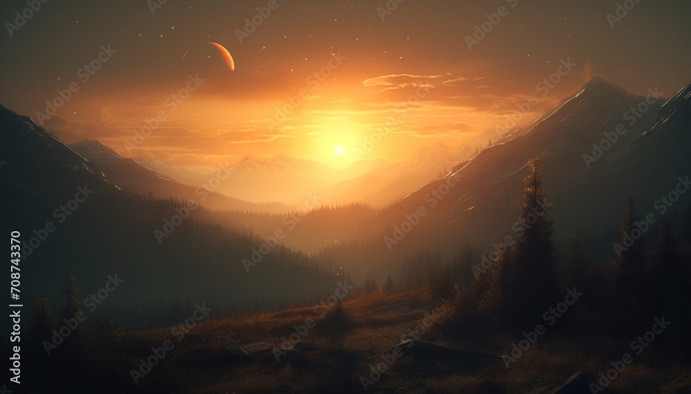 Nature beauty in a mountain forest, outdoors, landscape, and sunset generated by AI