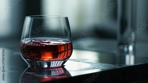  a close up of a wine glass on a table with a wine bottle in the background and a wine glass in the foreground with a red liquid in the middle.