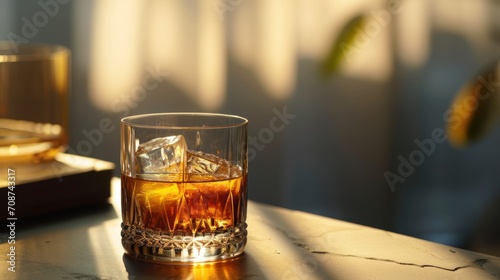 a glass of whiskey sitting on top of a table next to a box of ice cubes and a box of gold foil on top of a marble countertop.