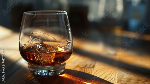  a glass of whiskey sitting on a table with ice cubes in the middle of the glass and a bottle of liquor in the middle of the glass on the table.